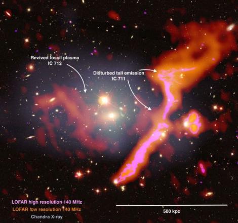 Zdjęcie nr 6 (10)
                                	                             Gromada galaktyk Abell 1314 znajduje się około 460 milionów lat świetlnych od Ziemi. Wielkoskalowa emisja radiowa widoczna na ilustracji powstała w wyniku zderzenia z inną gromadą. Fot. Amanda Wilber/LOFAR Surveys Team
                            