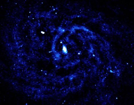 Zdjęcie nr 3 (10)
                                	                             Bliska galaktyka spiralna IC 342 obserwowana za pomocą LOFAR. Emisja radiowa pochodzi z ramion spiralnych, gdzie wybuchy supernowych przyspieszają elektrony do wysokich energii. Maya Horton/LOFAR Surveys Team.
                            